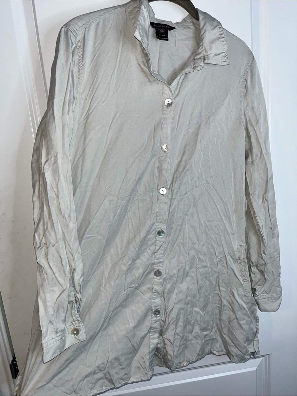 Multiples Lyocell Abalone Shell Buttons Blouse Pocket Long Sleeve Coastal Chic S